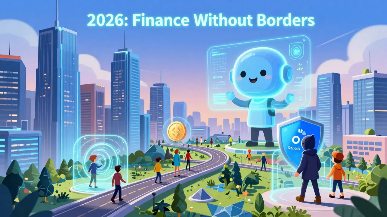 A colorful futuristic city where blockchains merge into one financial metropolis, with an AI guardian monitoring cross-chain transactions.