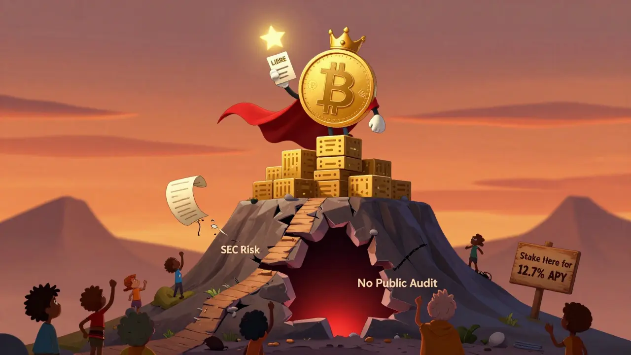 A crowned LIBRE token on a Bitcoin mountain, with a dark audit pit below and users voting below in DreamWorks style.