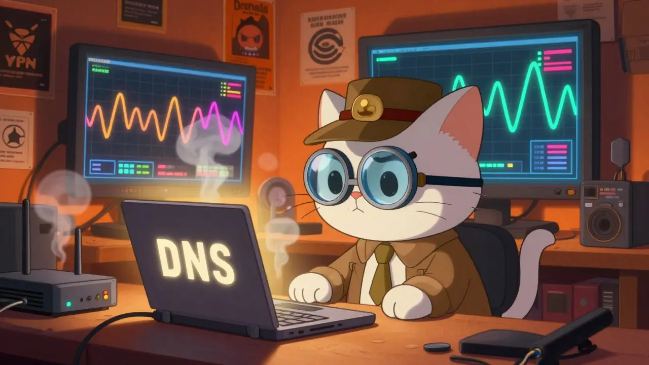 A detective cat examining a laptop leaking DNS and time zone mismatches in a high-tech hacker room.