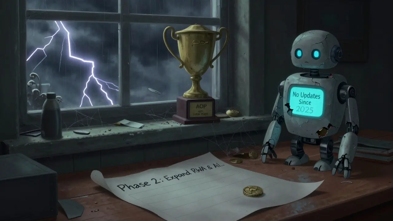 A dusty AOP trophy sits abandoned on a shelf beside a broken AI robot, with a blank roadmap and falling price charts outside the window.