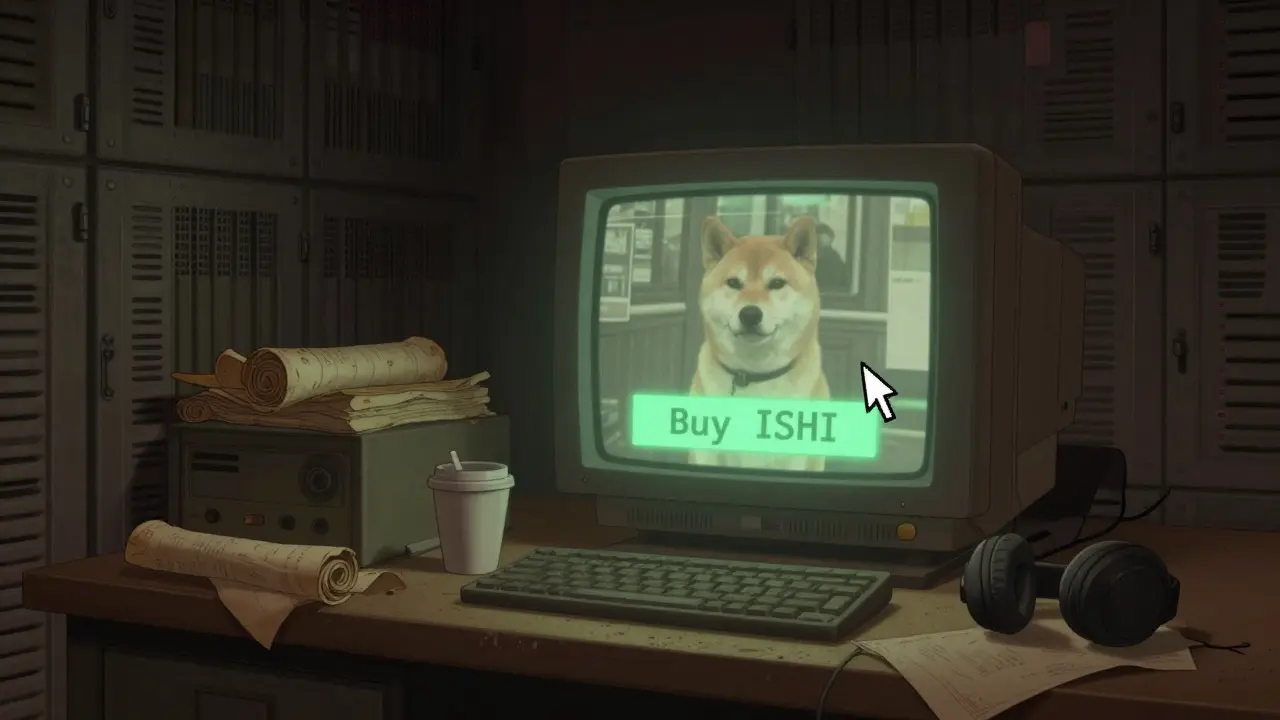 A dusty digital archive room with a faded photo of Ishi on a monitor, a lone cursor hovers over a faint 'Buy ISHI' button.