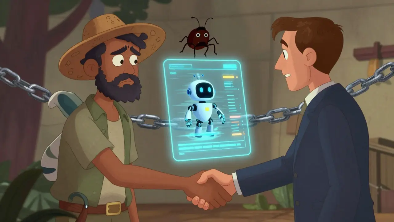 A farmer and buyer shake hands over a holographic contract while a glitchy oracle robot feeds them weather data.