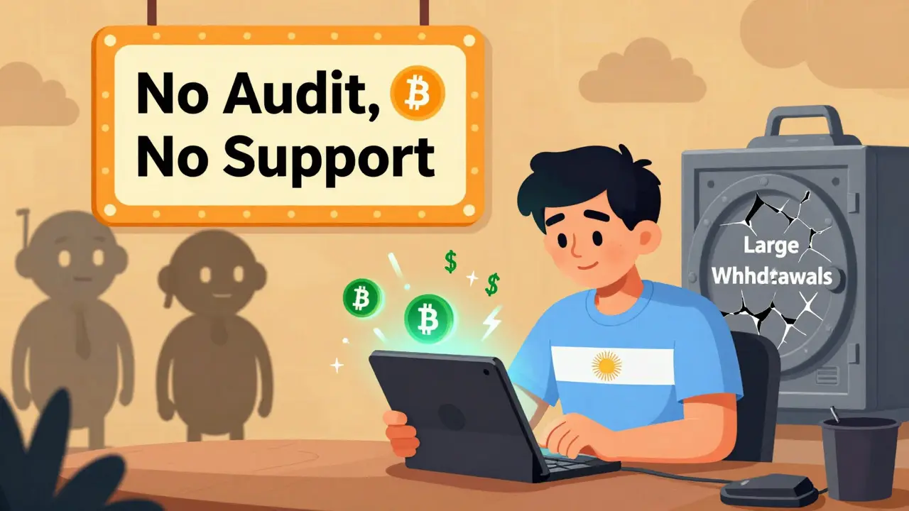 A freelancer in Argentina trading BTC for USDT instantly via a Lightning wallet, with warning signs in the background.