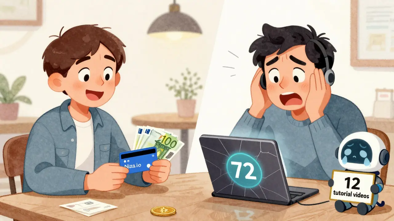 A freelancer using a crypto card at a café while another user struggles with slow customer support.