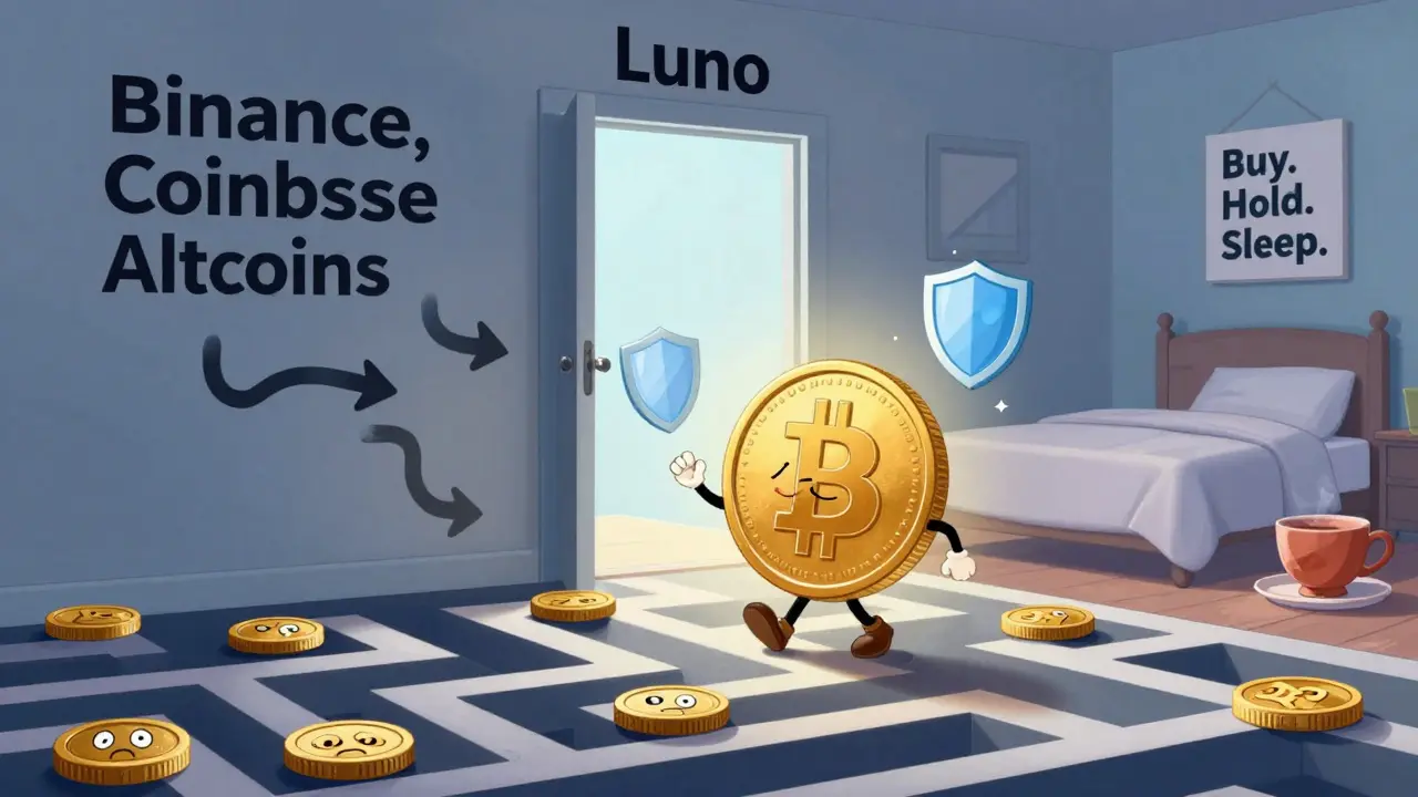 A friendly Bitcoin character escaping a chaotic crypto maze to find peace in a simple Luno room.