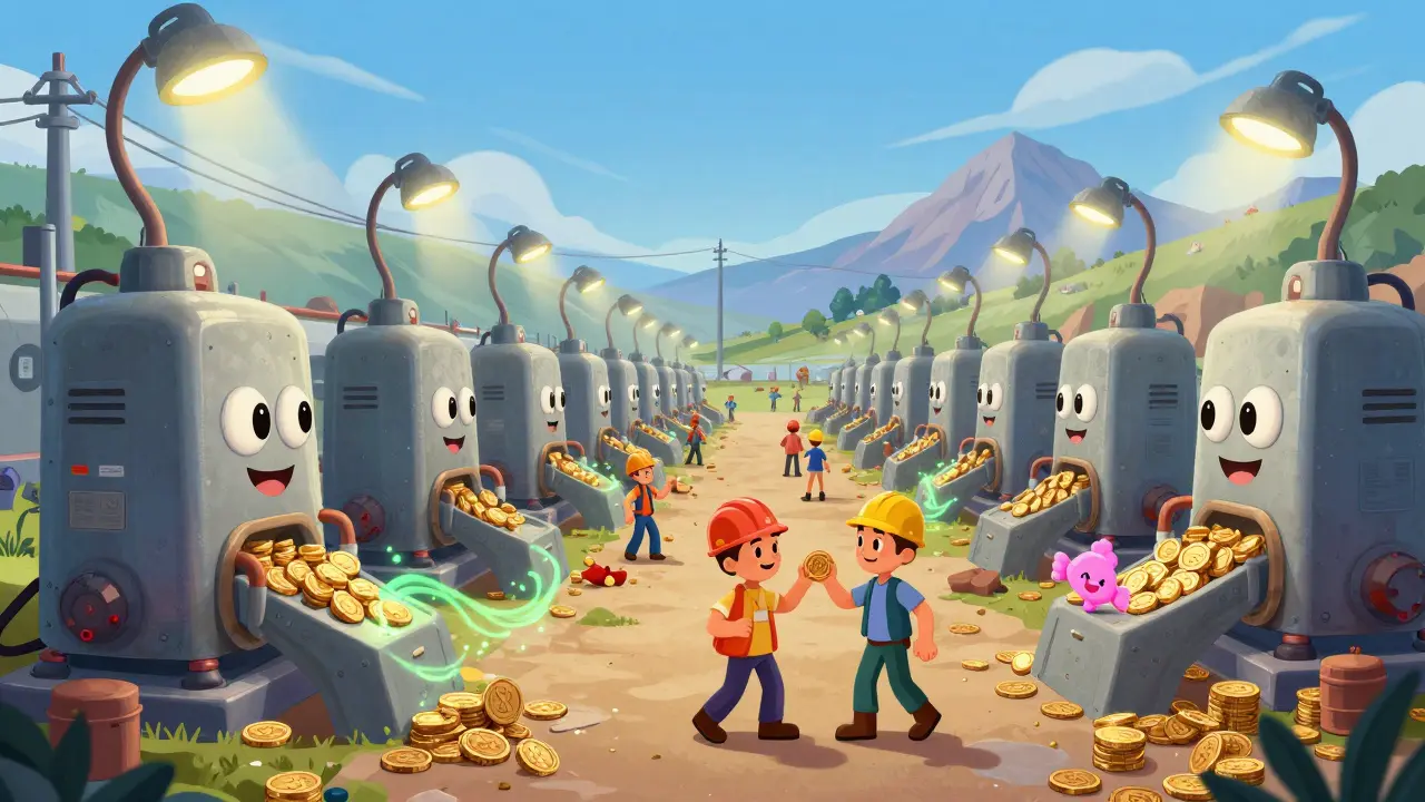 A friendly mining farm in Kutaisi with smiling machines and workers handing out digital coins.