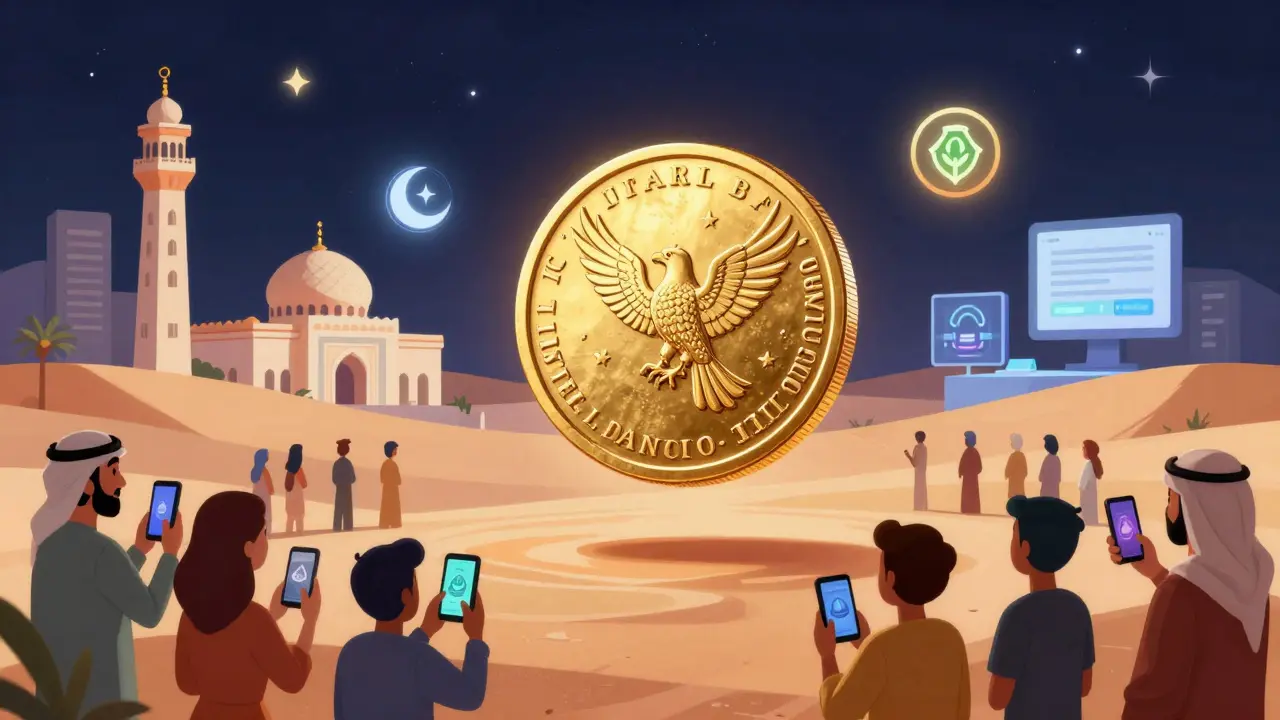 A golden falcon-shaped digital currency rises above citizens as Islamic blockchain icons appear in the desert.