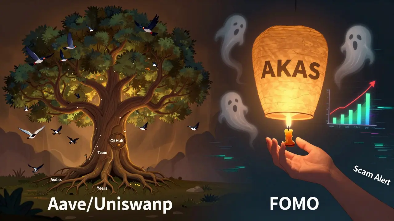 A healthy DeFi tree next to a fragile AKAS lantern about to be blown out by scam smoke.