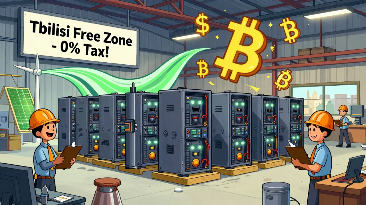 A lively industrial mining facility in Kutaisi with robot-like rigs and engineers celebrating zero corporate tax.