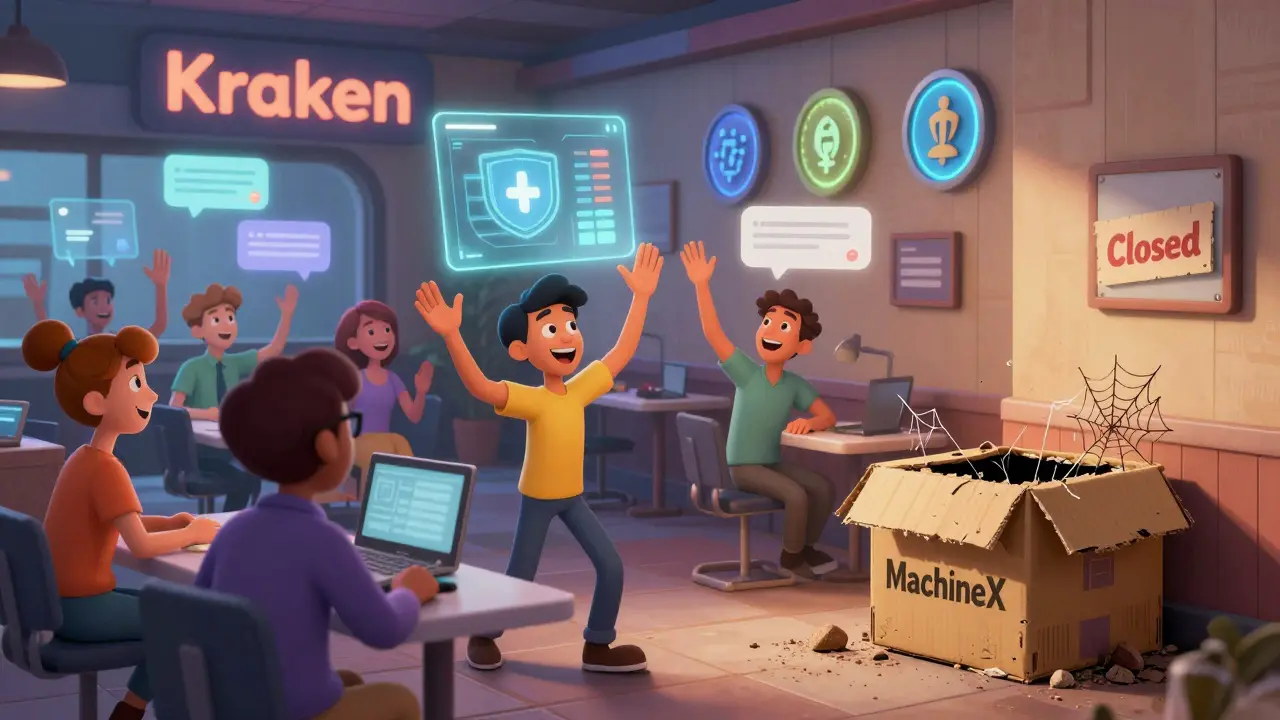 A lively legitimate exchange contrasts with a dusty, abandoned MachineX box in the corner.