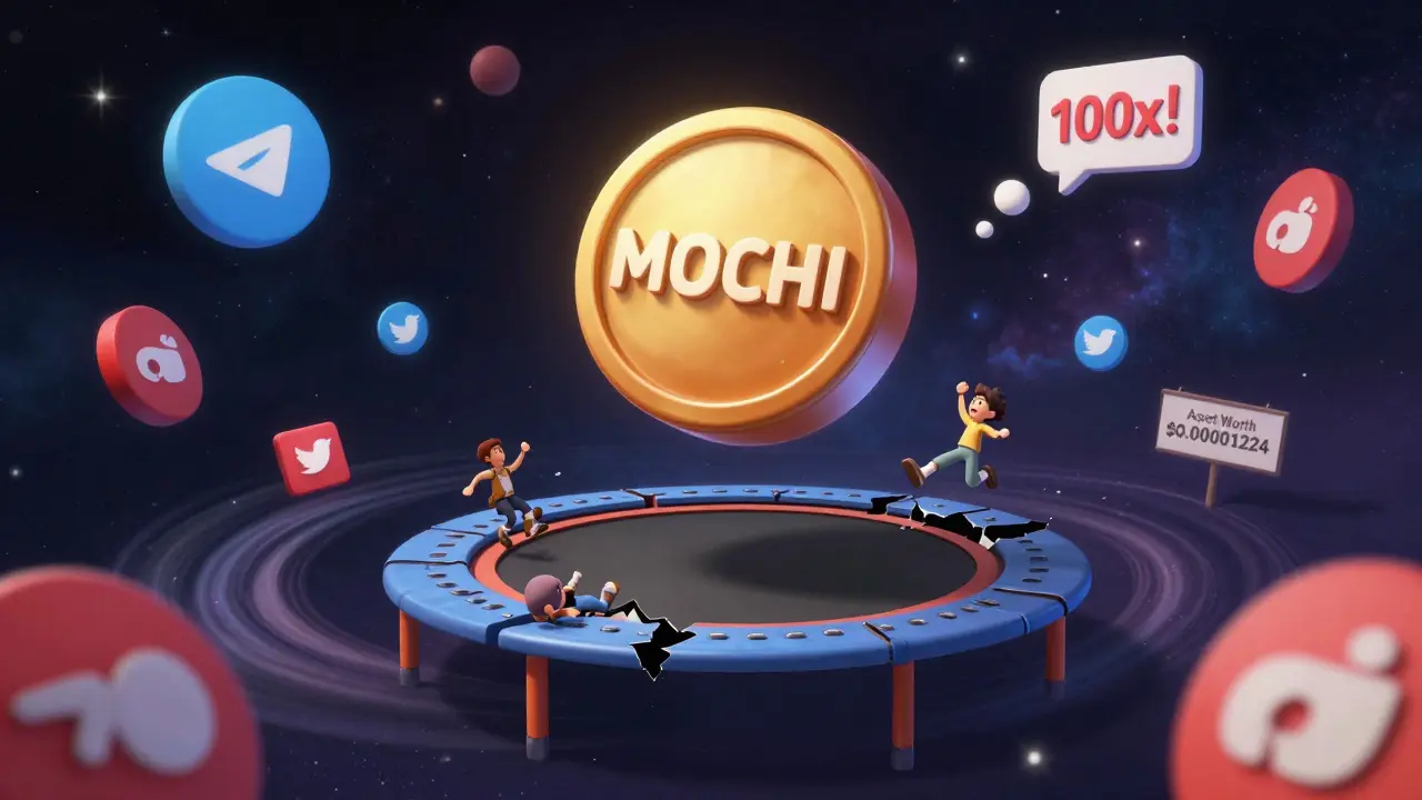 A lone MOCHI token in space surrounded by social media hype bubbles, cracking open to reveal emptiness in DreamWorks animation style.