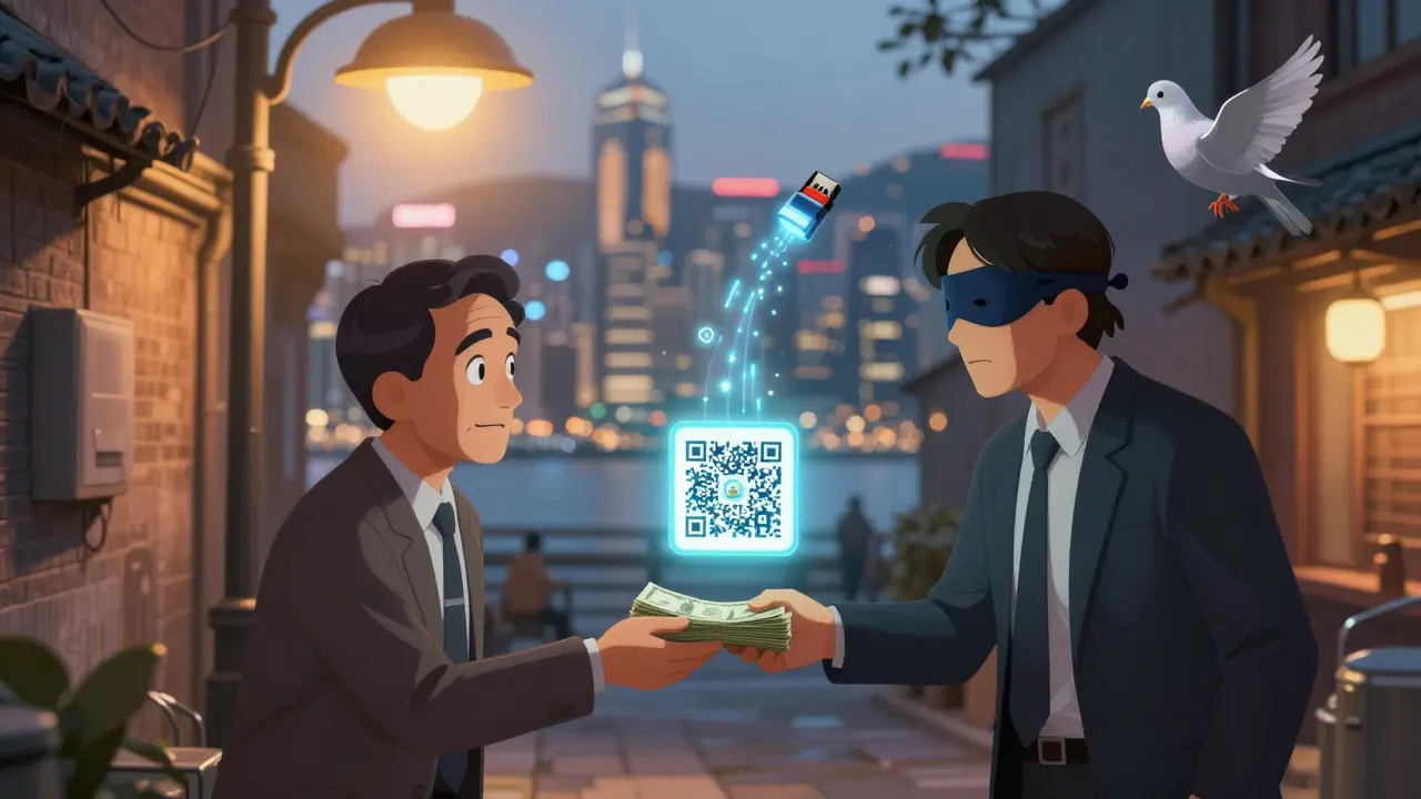 A man hands cash to a masked broker in an alley as a glowing QR code hovers between them.