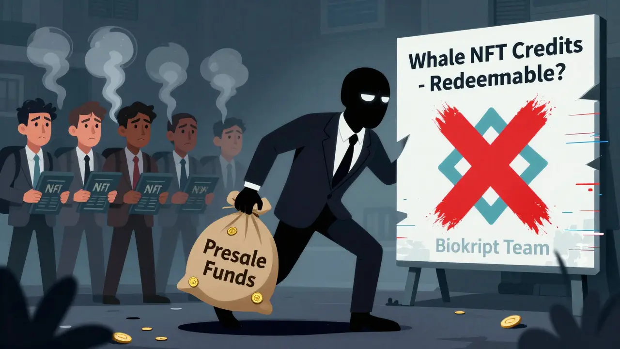 A shady figure flees with presale funds as investors&#039; NFTs turn to smoke in a cartoonish scene.