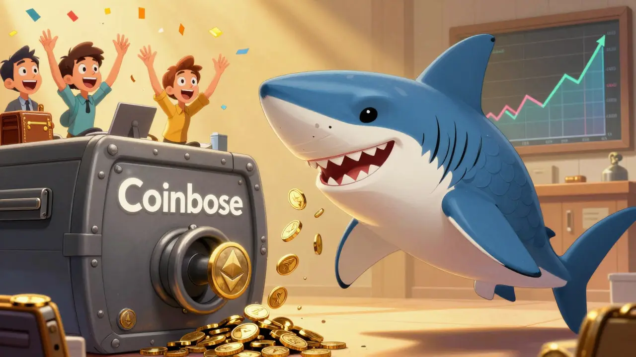 A shark quietly dropping ETH tokens into an exchange while traders celebrate, representing hidden distribution.