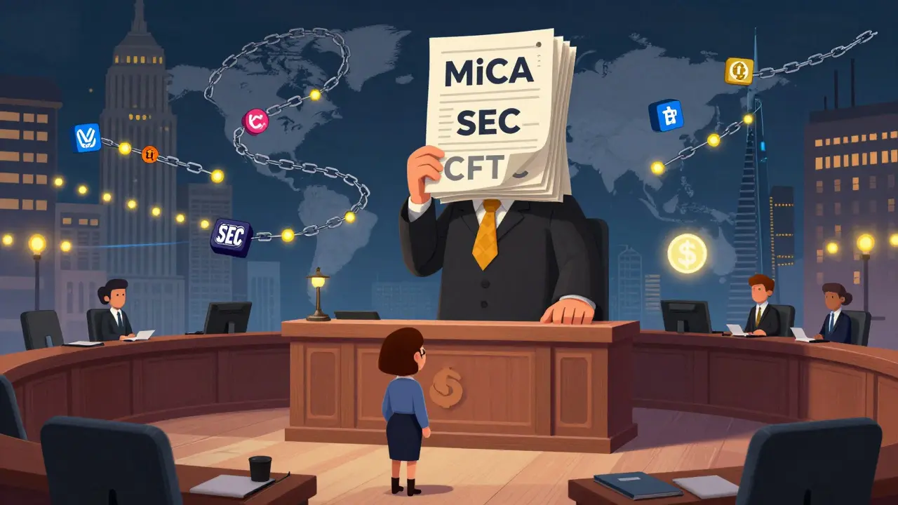 A small business owner faces a giant judge made of regulatory documents, with global crypto chains flashing warnings.