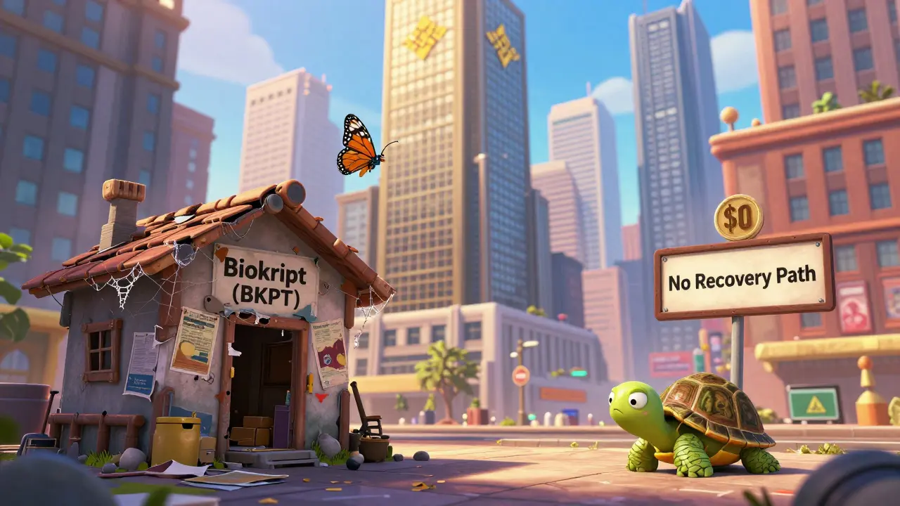 A tiny, abandoned Biokript shack sits ignored beside major crypto exchanges in a vibrant cartoon city.