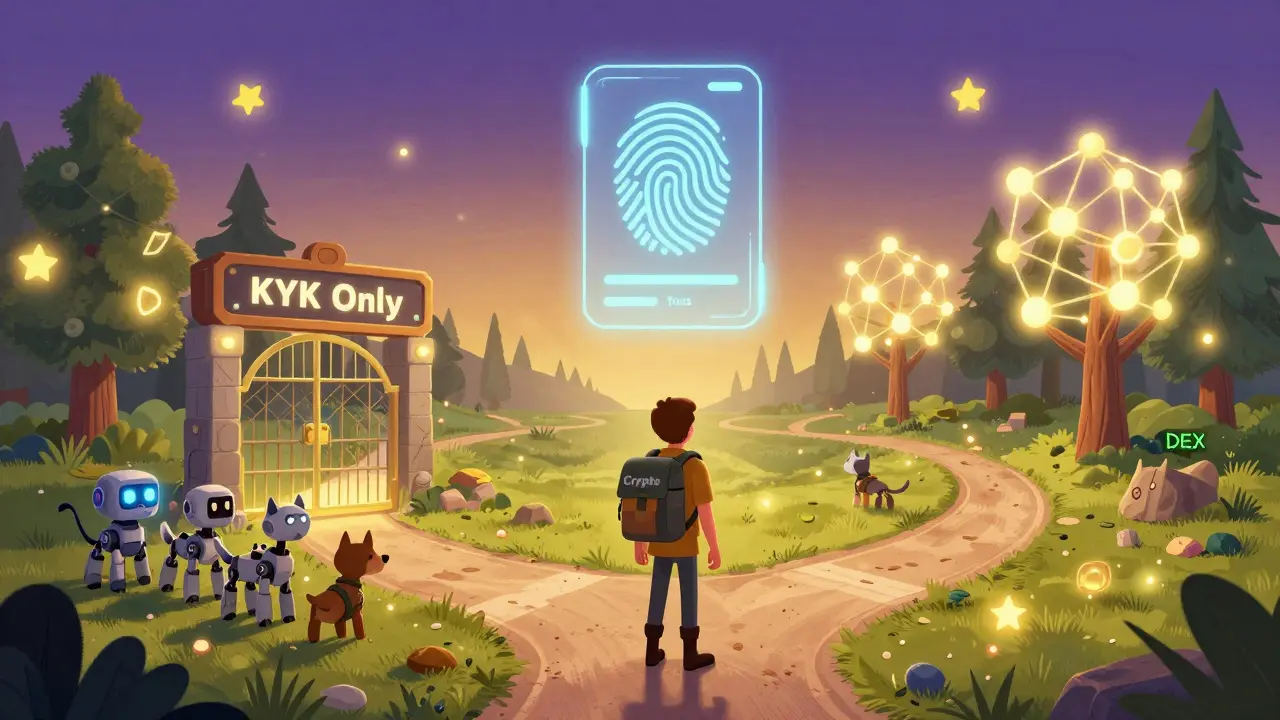 A traveler chooses between a guarded exchange and a glowing DEX forest, with a trust badge floating above.