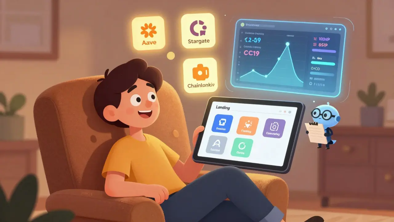 A user relaxed in a chair, viewing a single interface showing DeFi activities across multiple blockchains with floating AI agents adjusting yields.