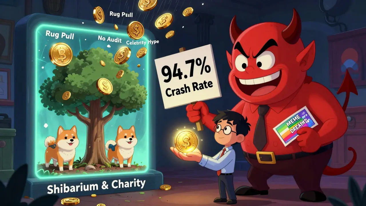 A young investor offered a meme lottery ticket by a devil, with Dogecoin trees growing in the background.