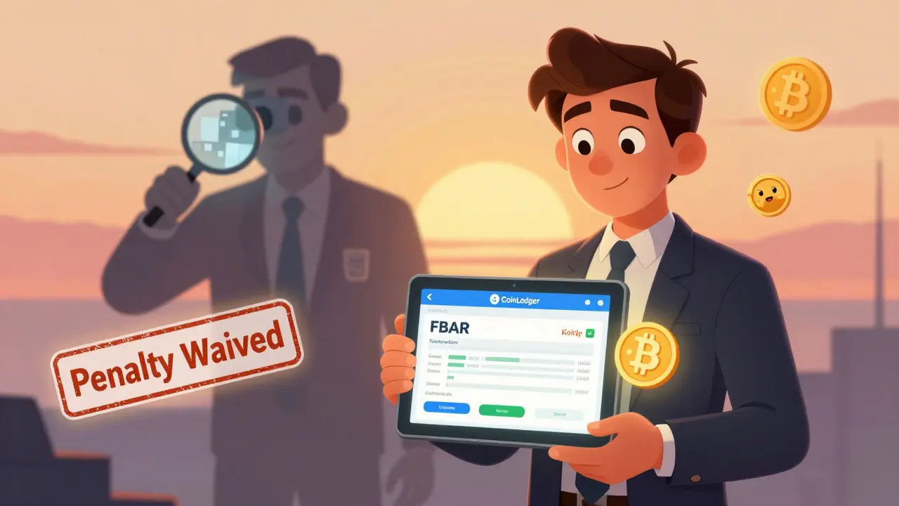 An accountant uses crypto tax software to file FBAR, while a looming IRS agent fades away in a hopeful sunrise.