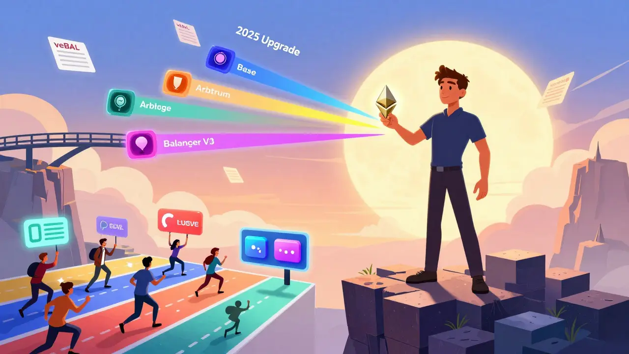 An advanced user on a blockchain cliff, creating a multi-token pool as bridges extend to other chains.