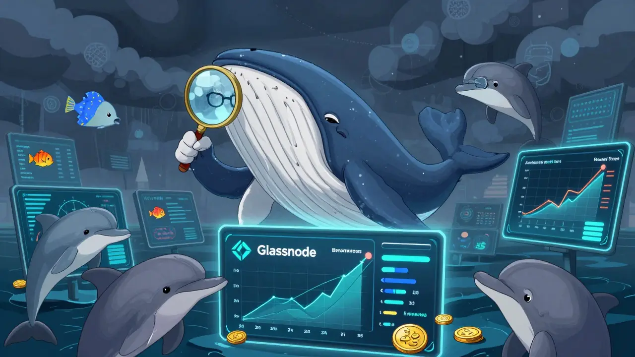 An elderly whale analyzing on-chain charts with smaller fish, surrounded by macroeconomic storm clouds.