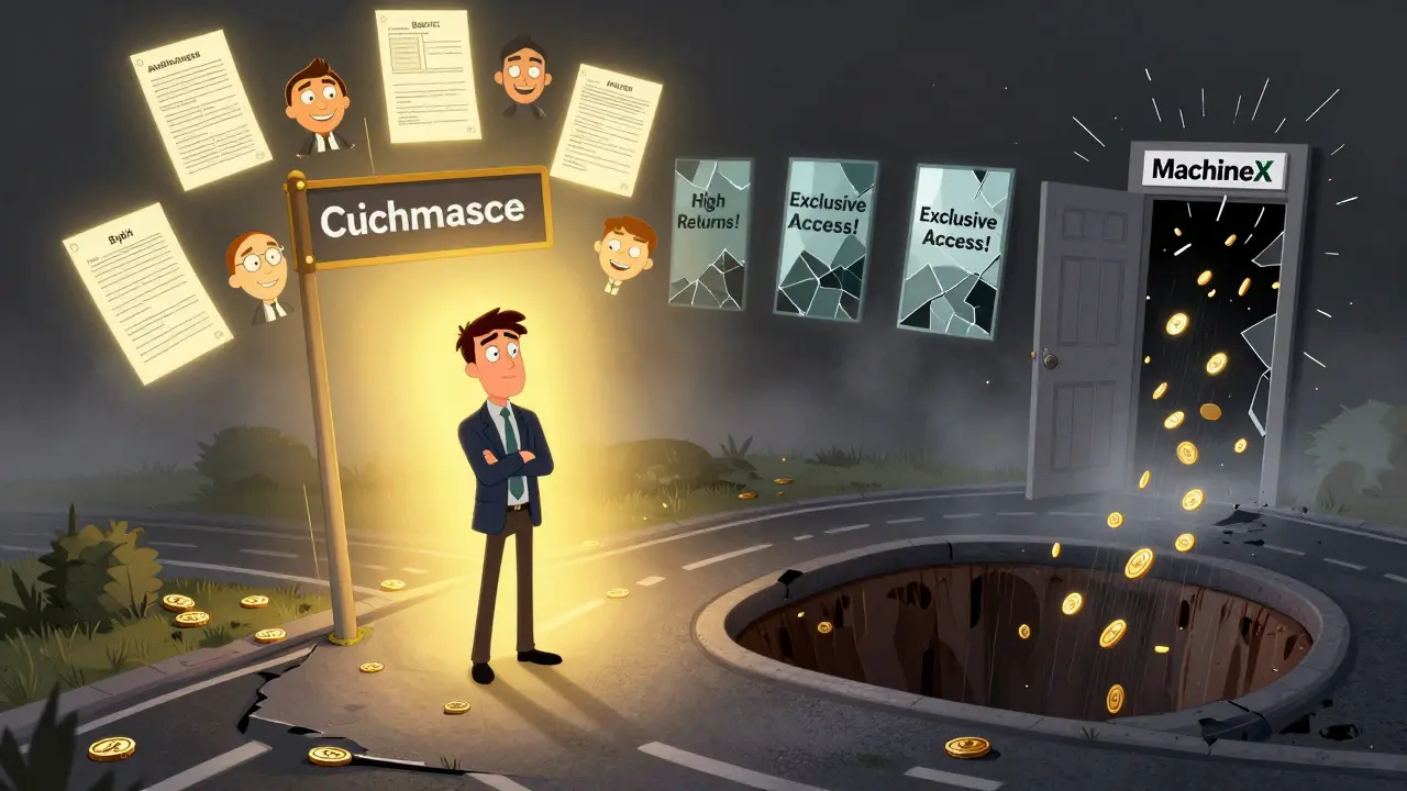 An investor chooses between a safe crypto path and a dark road leading to a disappearing door.