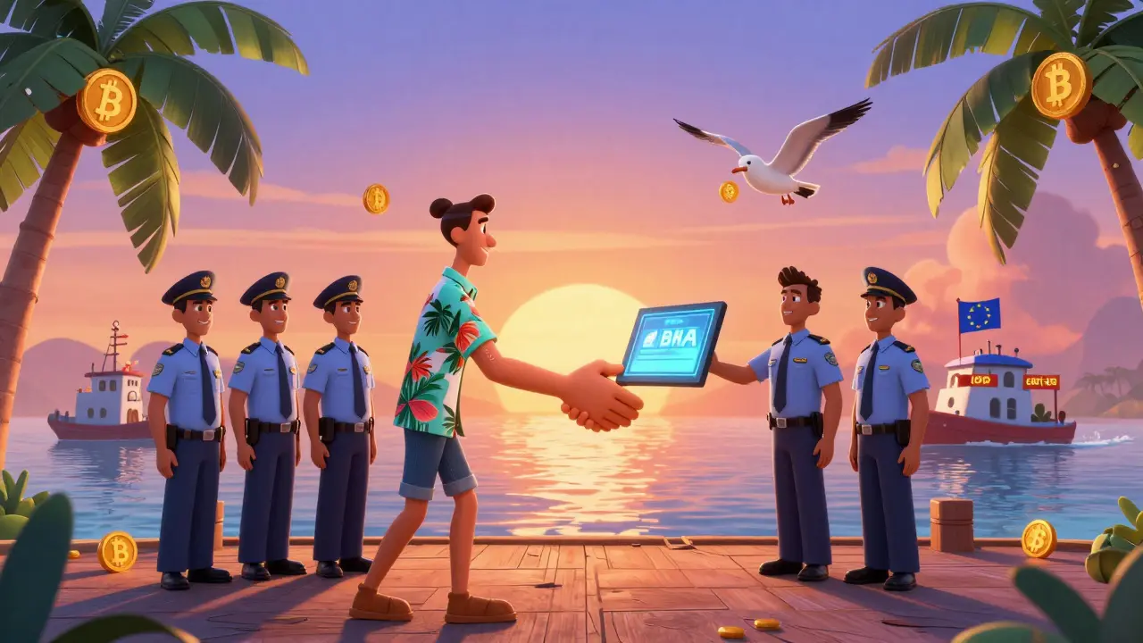 Bermuda investor receiving a blockchain handshake from regulators under a tropical sunset.