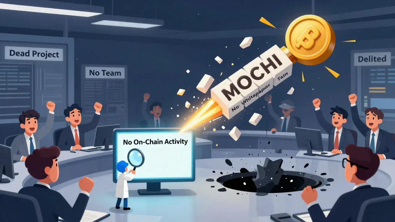 Cartoon traders cheer as MOCHI token rockets upward, but its tail crumbles with missing project details.