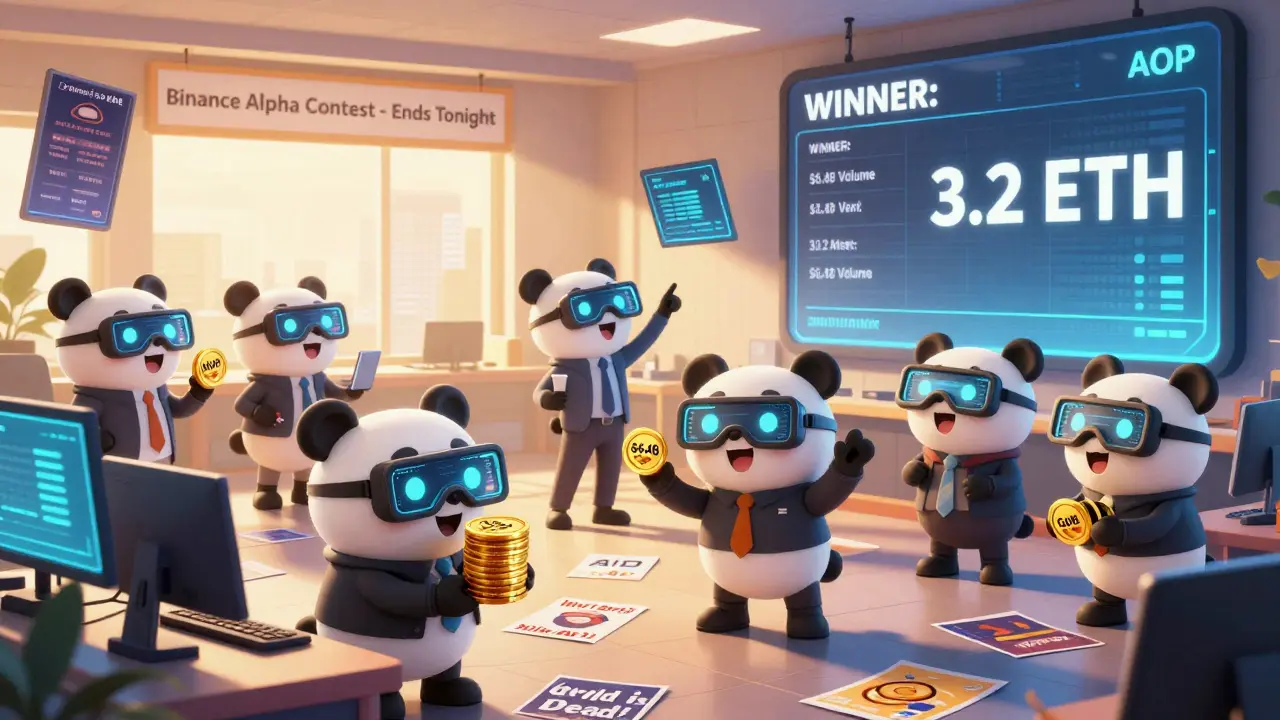 Cartoon traders with panda ears scramble on a trading floor, chasing AOP tokens during a Binance competition with a giant leaderboard.