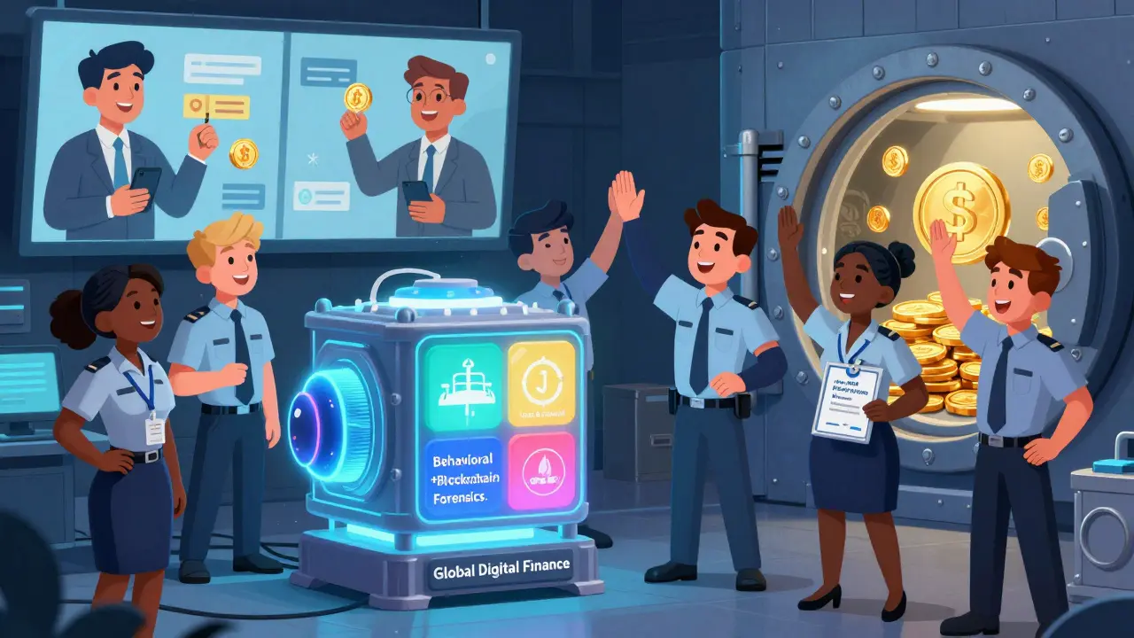 Compliance team celebrates beside an AI engine, with crypto payroll and trust symbols glowing in the background.