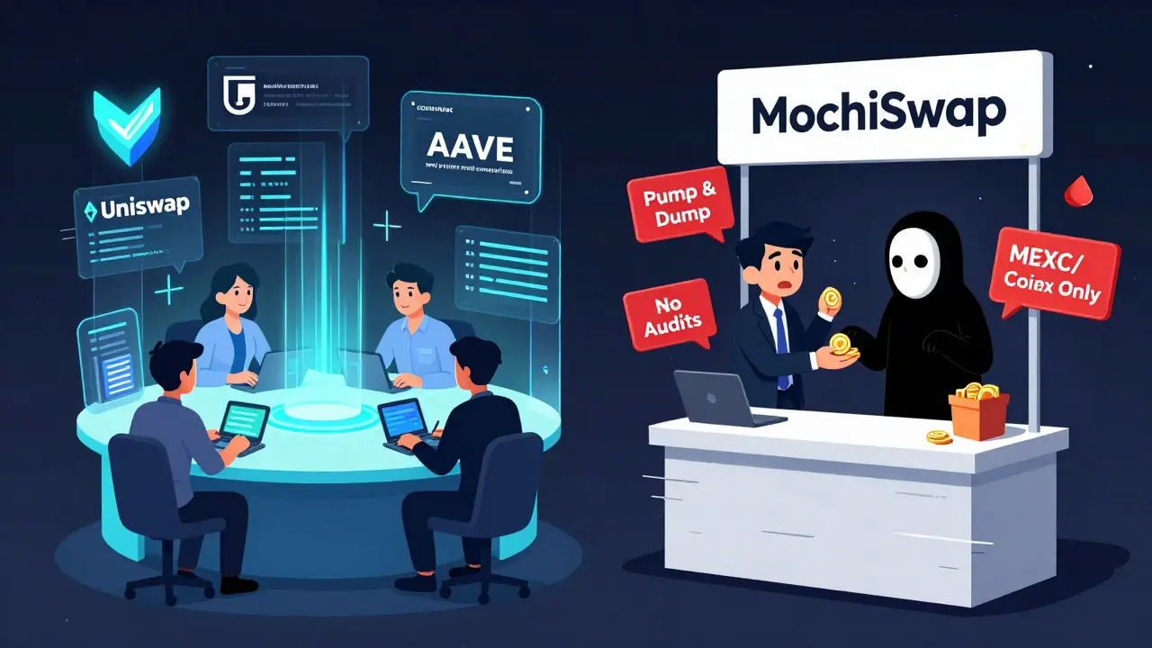 Contrasting scene: secure DeFi platform vs. shaky MochiSwap booth with shadowy figure and red warning signs in DreamWorks cartoon style.