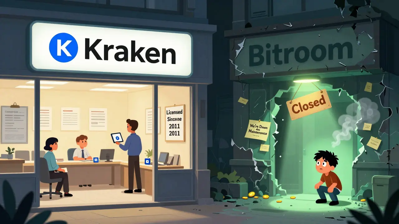 Contrasting scene: trustworthy Kraken office vs. crumbling fake Bitroom building with ghostly signs.