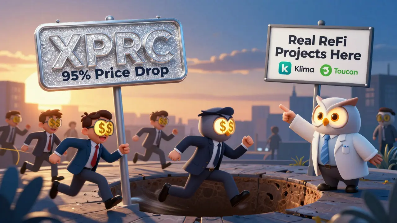 Crowd rushing toward a fake XRPC signpost leading into a pit, while a wise owl points to real crypto projects