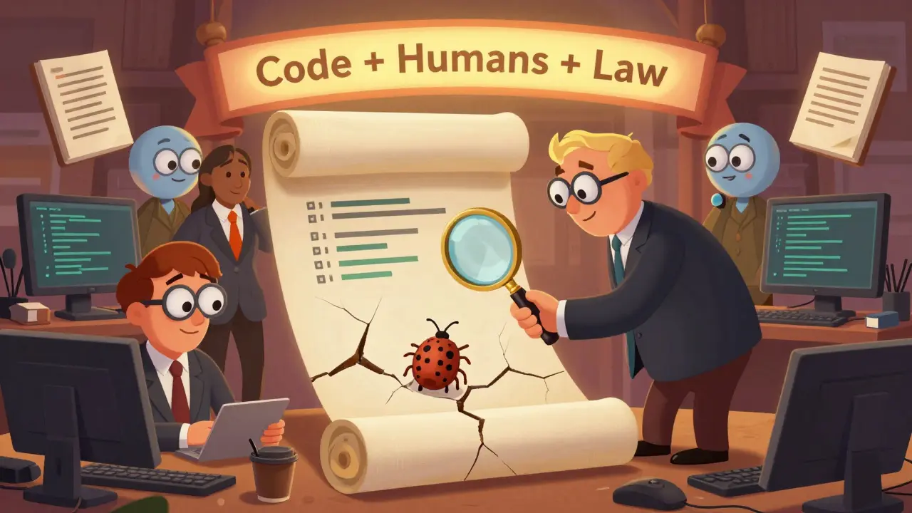 Developers and lawyers examine a cracked smart contract with AI assistants and legal books floating nearby.