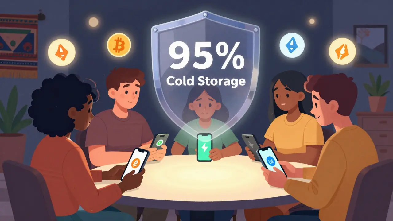 Diverse friends using Luno apps together, with protective shields and simple crypto icons above them.