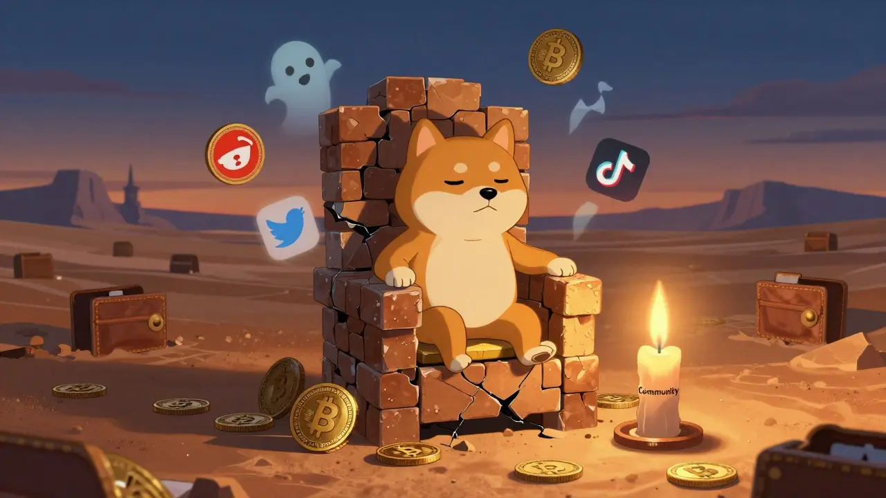 Dogecoin and Shiba Inu on a crumbling throne with fading social media ghosts and a flickering community candle.
