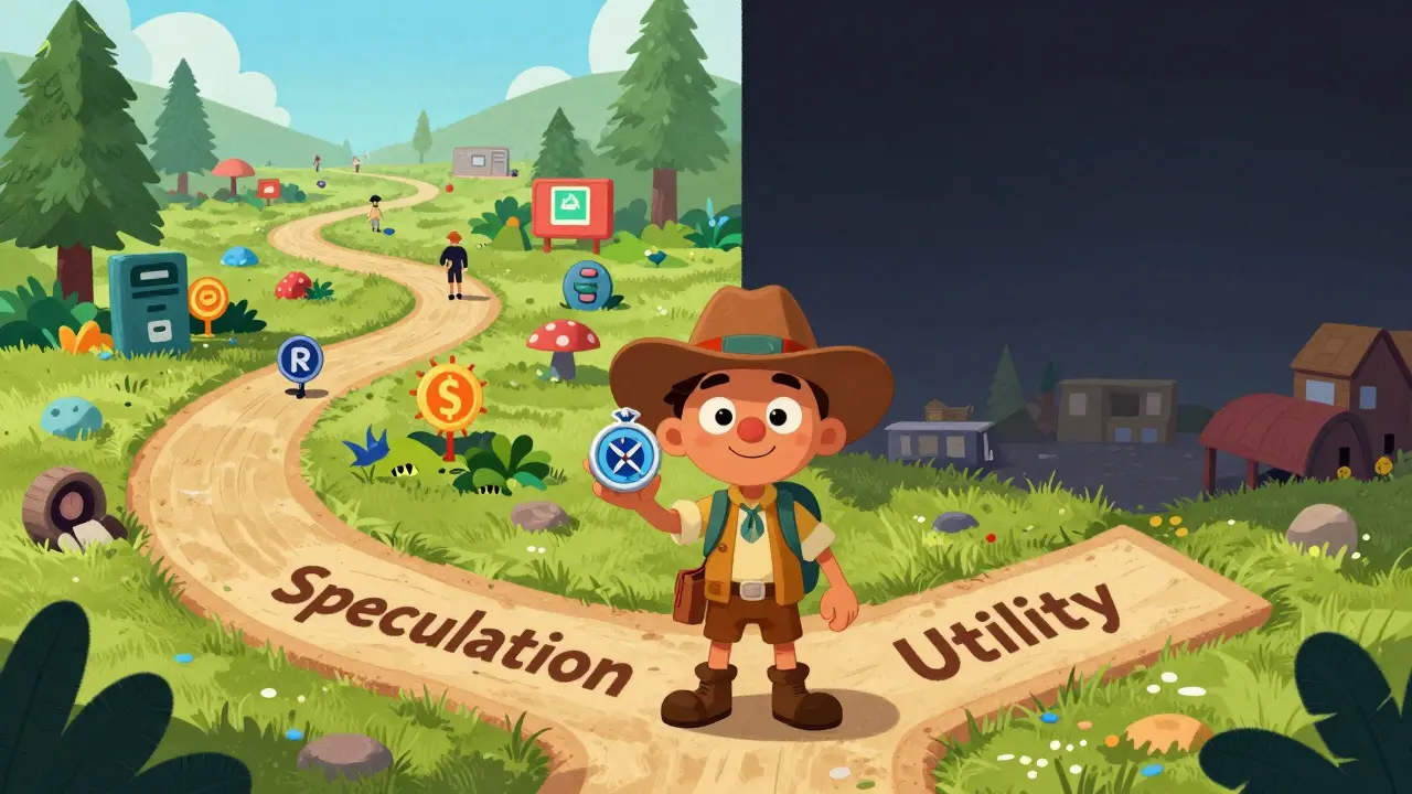 Explorer choosing utility over speculation, guided by NOW Token through a vibrant crypto ecosystem.