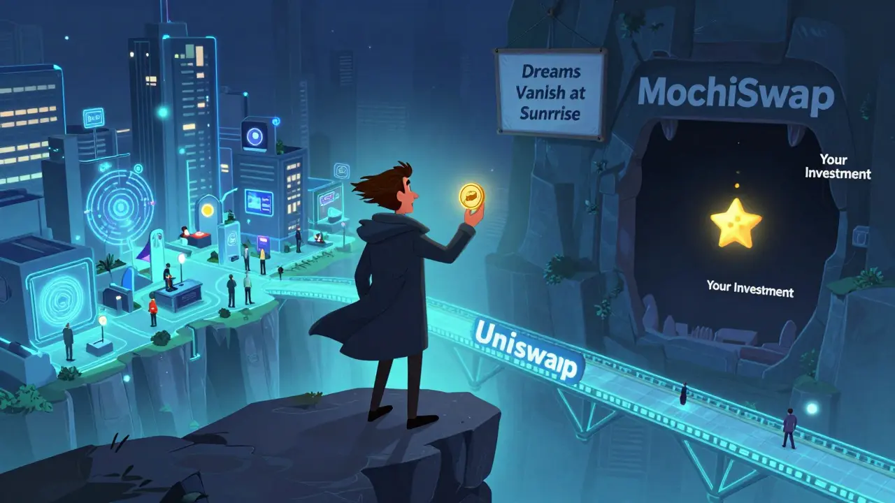 Investor holds MOCHI token on cliff, looking toward dark void as a glowing DeFi city shines safely behind.