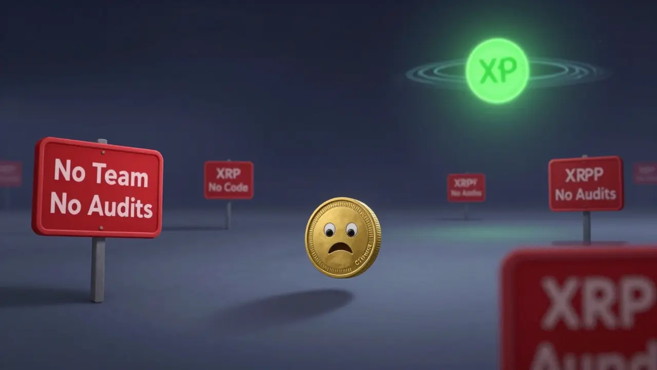 Lonely XRPC token floating in empty digital space with red warning signs surrounding it