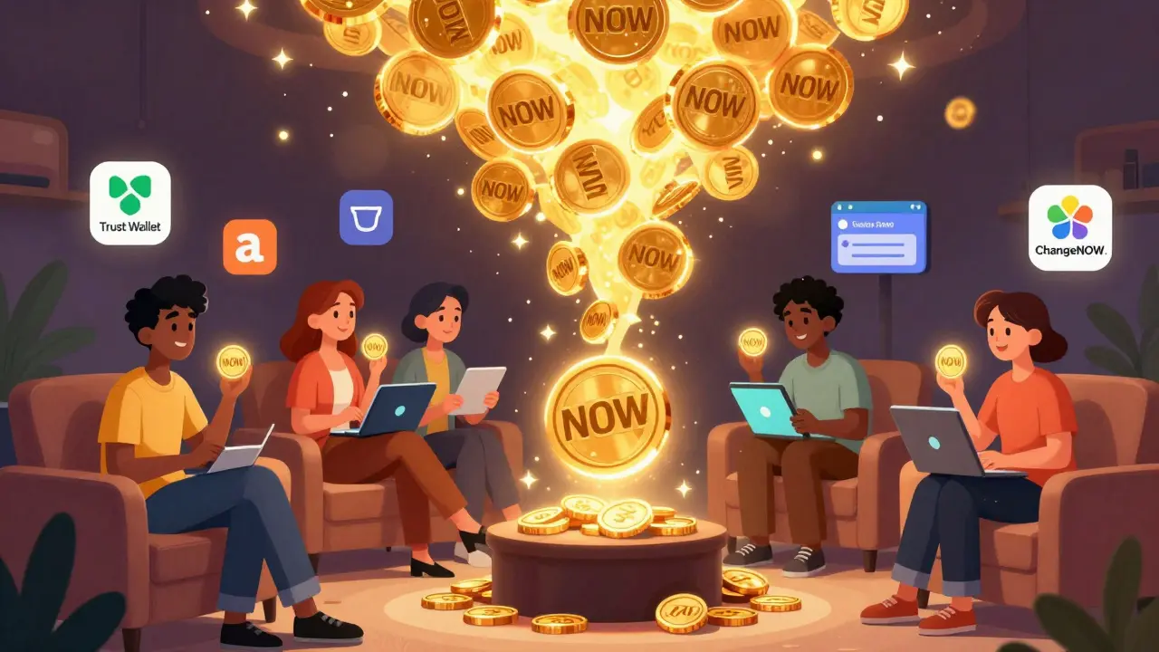 People in a digital lounge earning staking rewards and using NOW Token to pay for goods.