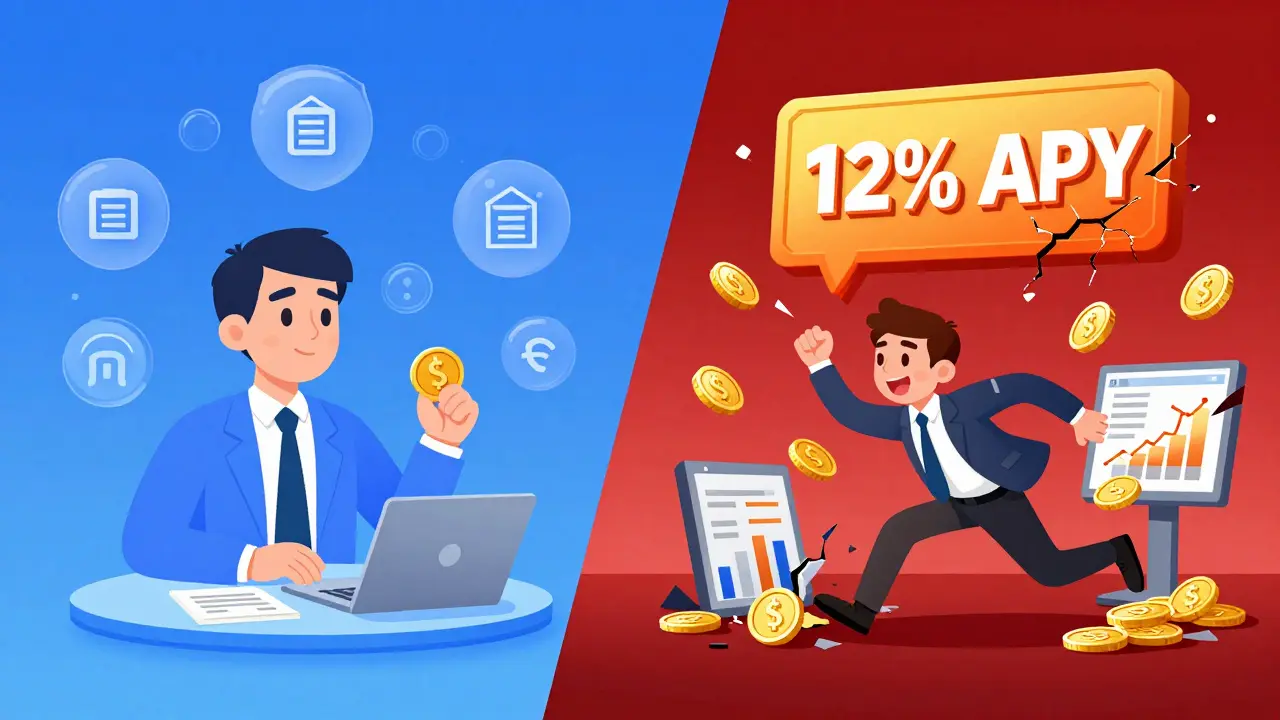 Split scene: calm staking on one side, chaotic lending collapse on the other.