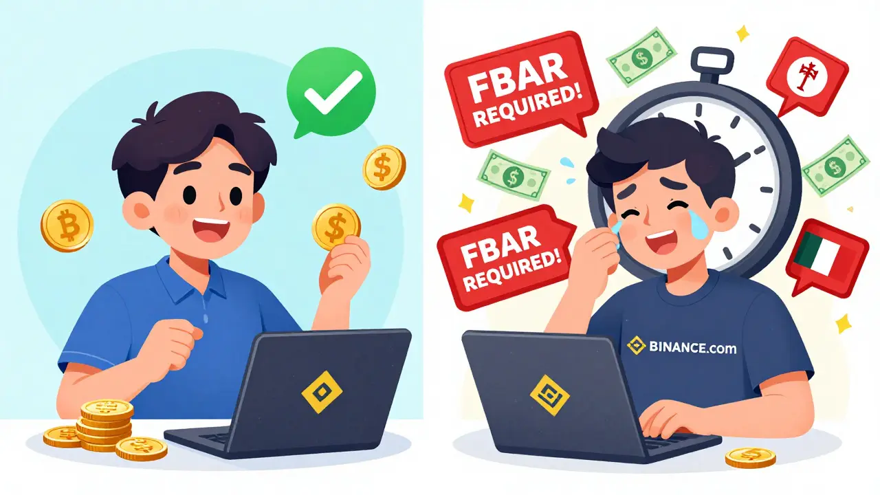 Split scene: one side shows safe U.S. crypto use, the other shows danger with foreign exchanges and warning signs.