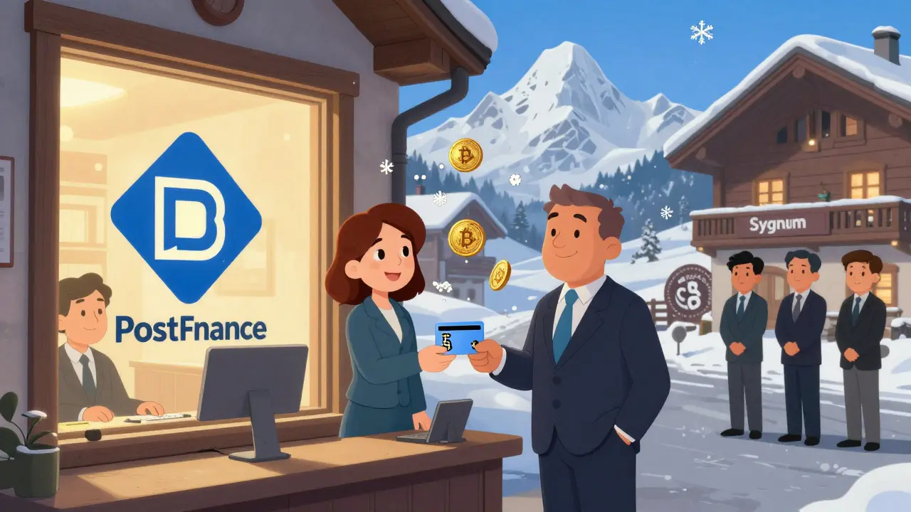 Swiss blockchain office with friendly bankers handing out crypto cards amid snowy mountains.