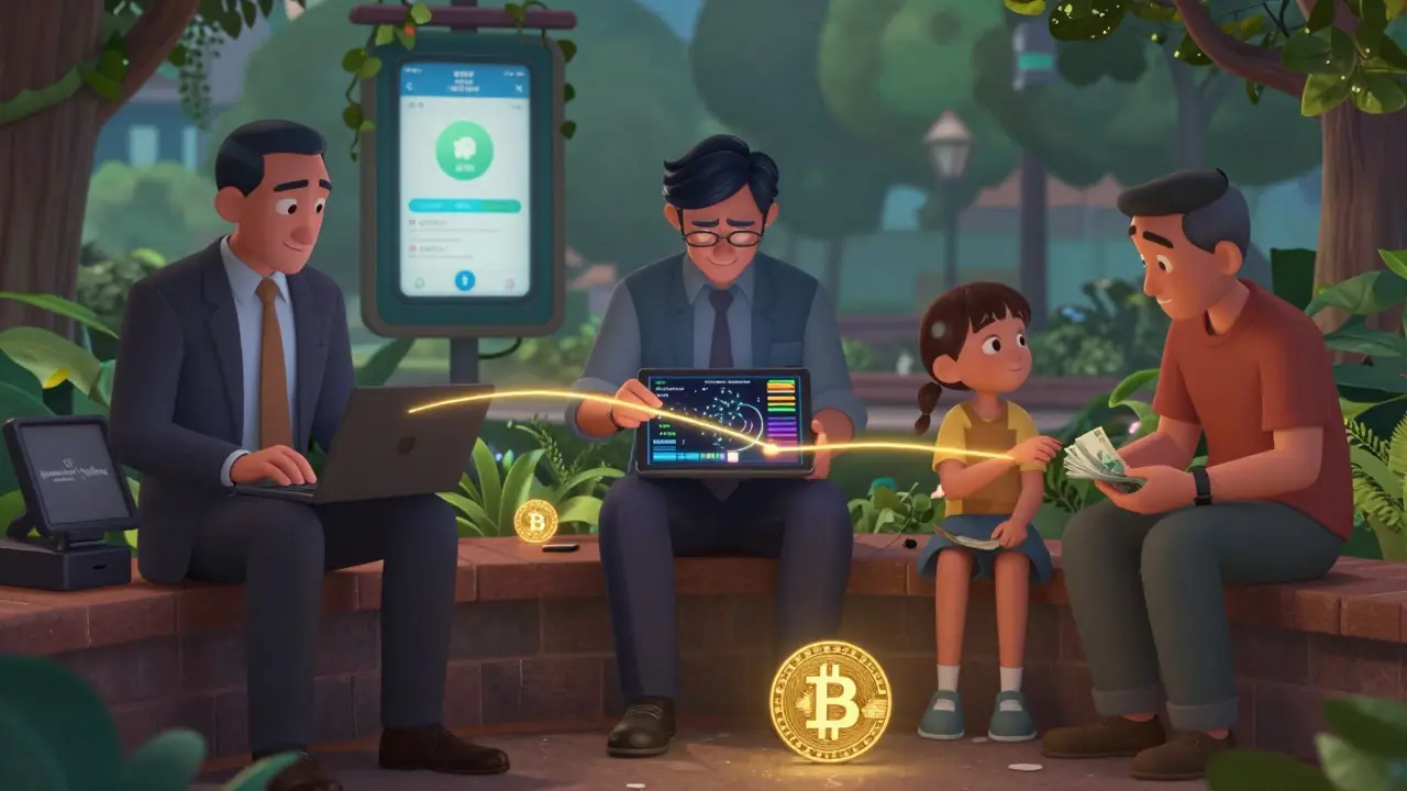 Three types of crypto traders connected by invisible digital threads, with digital yuan spreading in the background.