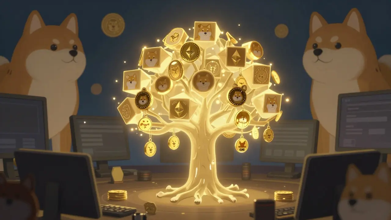Tiny ISHI tokens hang weakly beneath giant DOGE and SHIB tokens on a glowing blockchain tree in a crypto marketplace.