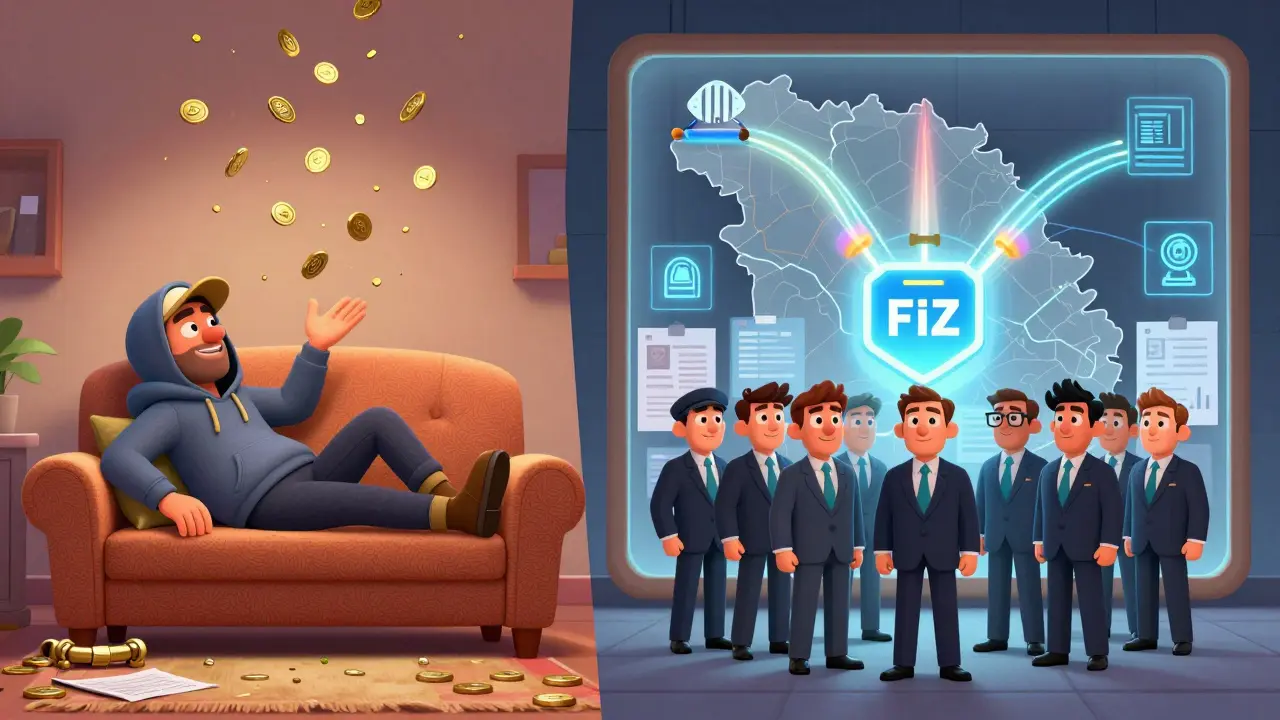 Two scenes: a relaxed individual miner and a corporate team with a FIZ license, set against a Georgian energy map.