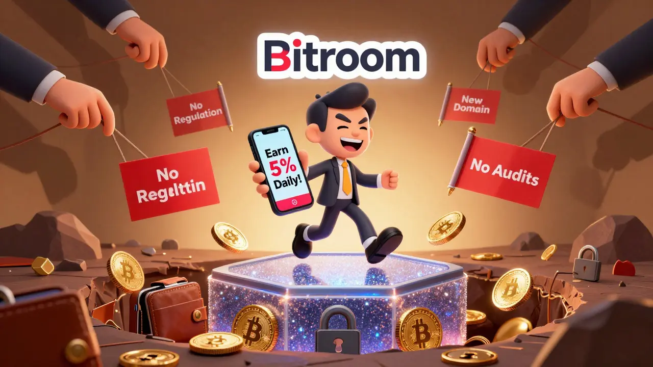 Victim stepping onto a glittering scam platform while falling into a pit of stolen crypto wallets.