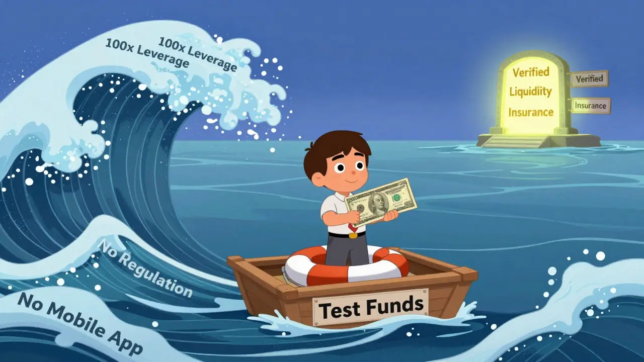 A beginner stands on a small raft with , surrounded by dangerous waves, while a safe harbor glows far away.