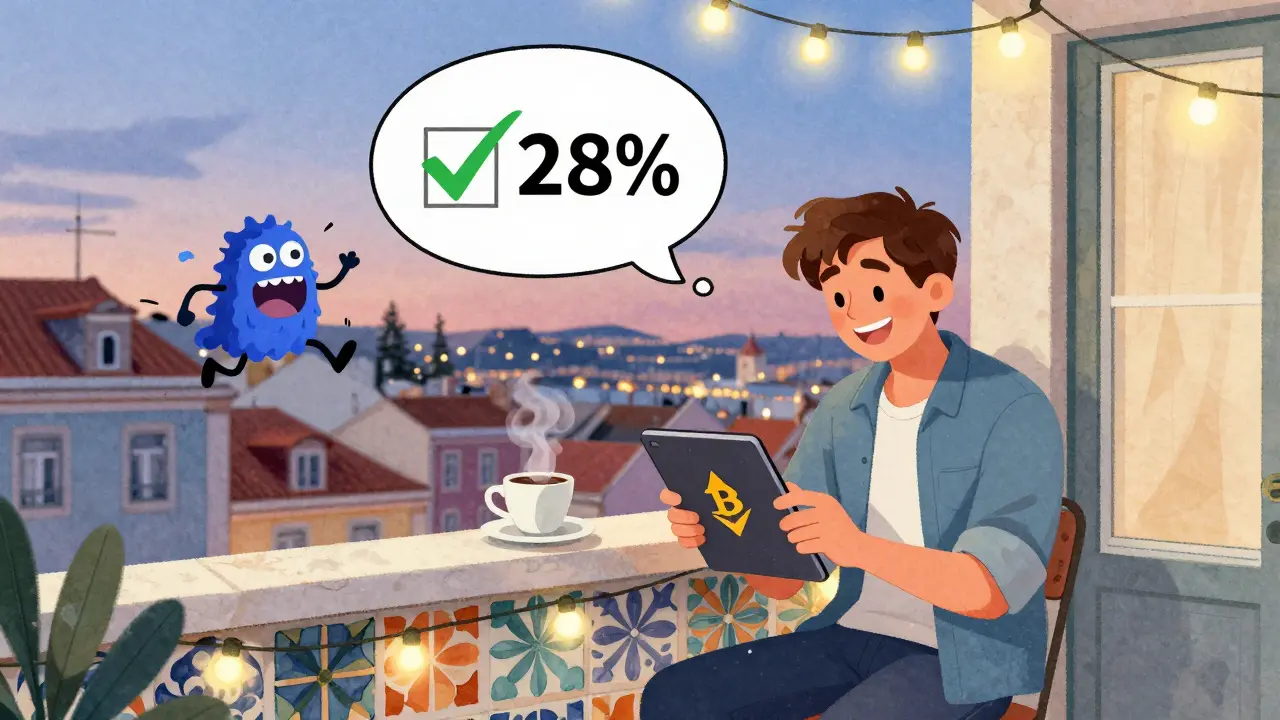 A digital nomad swapping crypto on a balcony in Lisbon, with a tax monster running away in a whimsical scene.